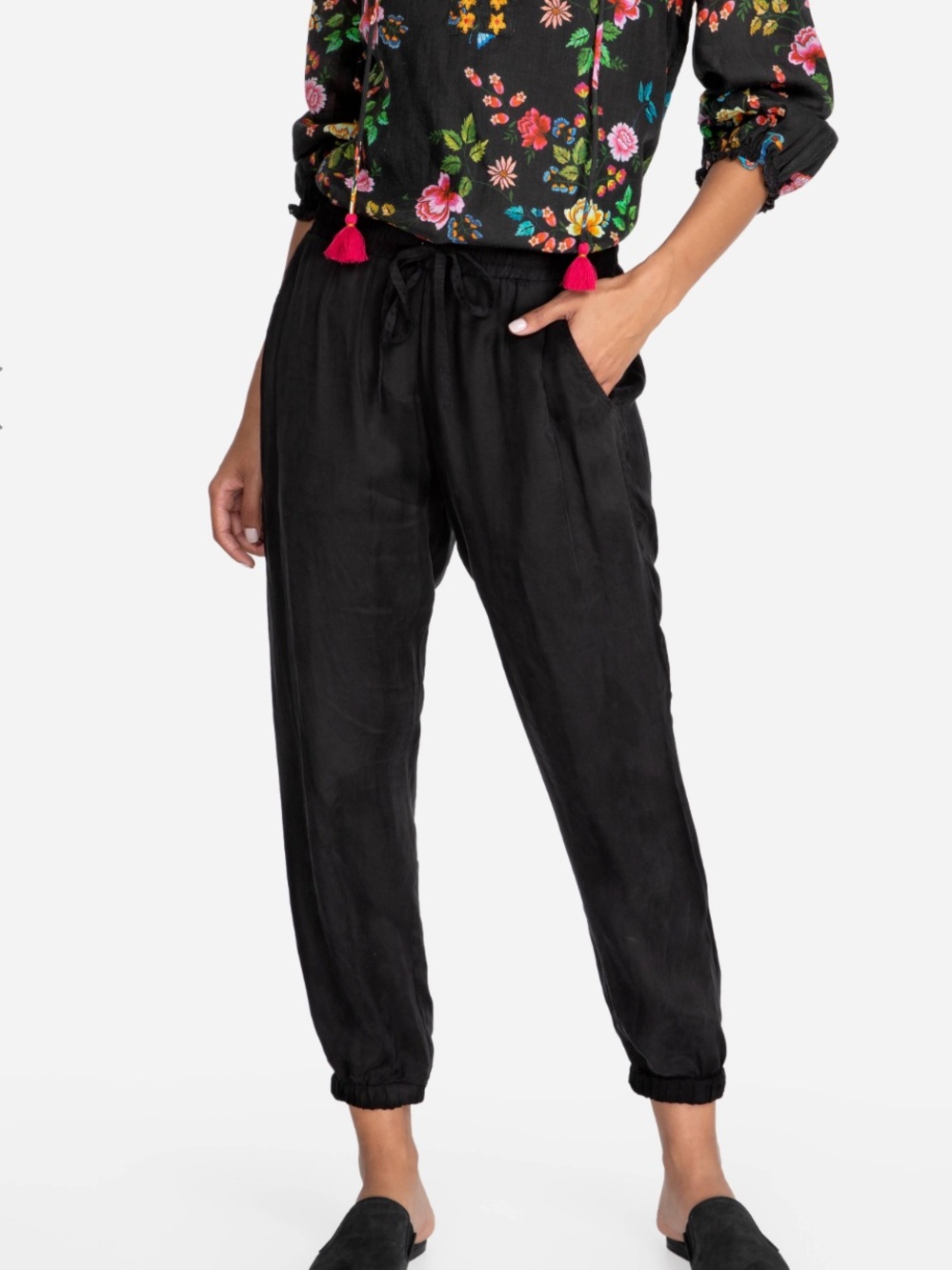 Johnny Was Alice Black Jogger Pants Medium Drawstring Relaxed Fit Cupra Rayon